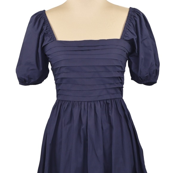 Quince Organic Cotton Ruched Midi Dress Navy Blue Square Neck Tiered Skirt XS - Picture 4 of 10